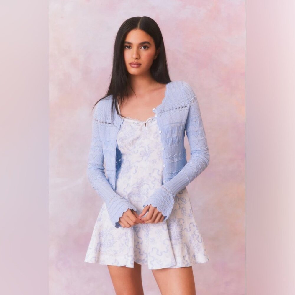 NEW LoveShackFancy Media Pointelle Scallop Cardigan in Morning Tide Blue | sz S - Picture 7 of 14